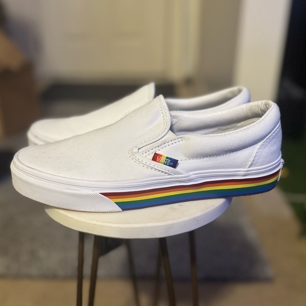 Vans White Slip-On Sneakers with Rainbow Stripe
